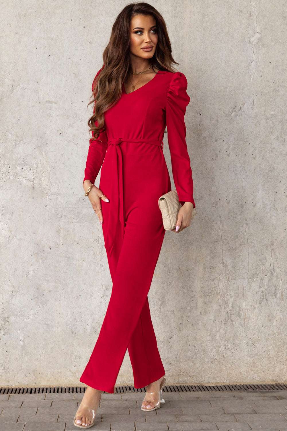 Belted Long Puff Sleeve V-Neck Jumpsuit