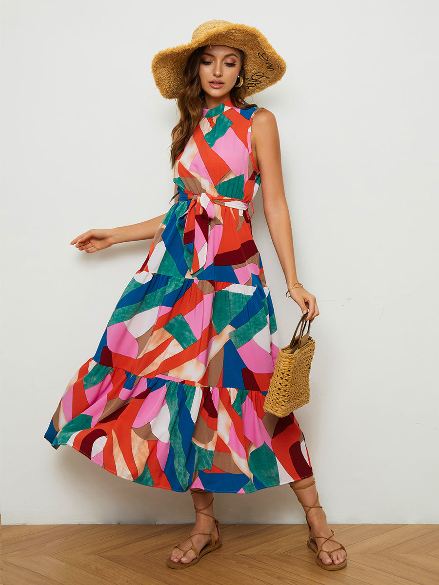 Geometric Print Tie-Waist Mock Neck Tiered Dress