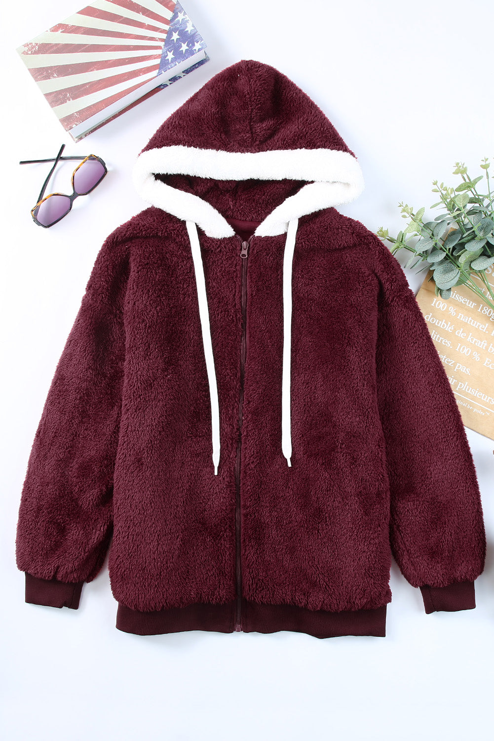 Contrast Trim Zip Up Hooded Teddy Jacket