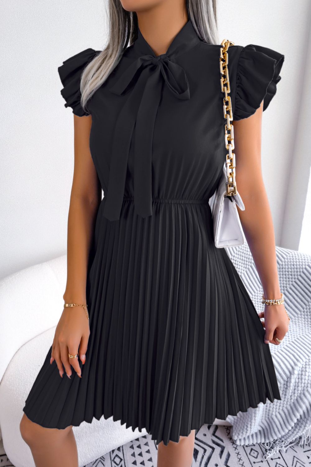 Tie Neck Butterfly Sleeve Pleated Dress