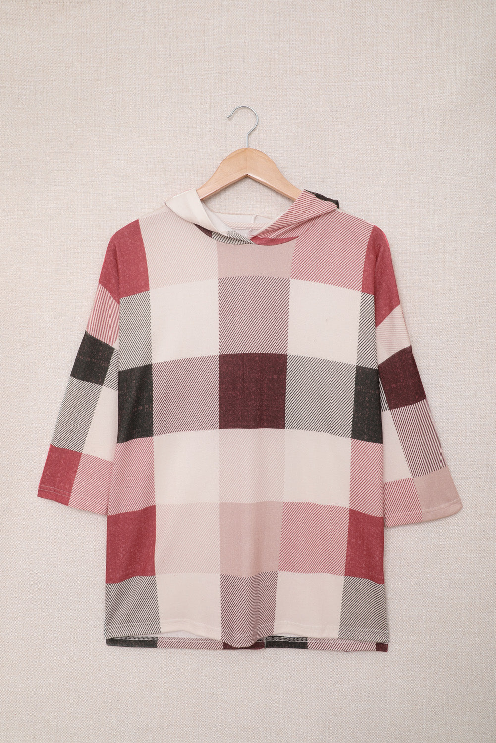 Plaid Side Slit Three-Quarter Sleeve Hoodie